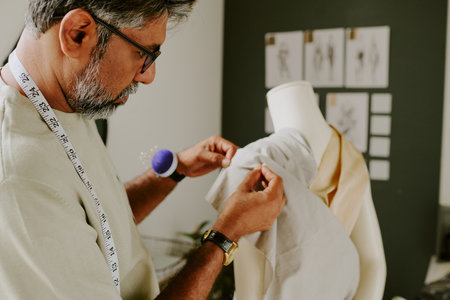 Indian tailor creating female dress made of cotton in own atelier