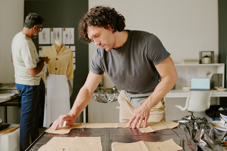 Highly skilled designer cutting textile parts while tailor looking at mannequin in backgroundの写真素材