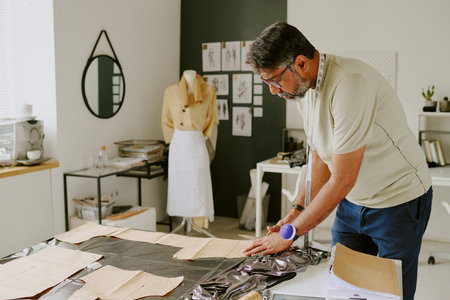 Mature Indian tailor standing next to work desk and cutting details outの写真素材