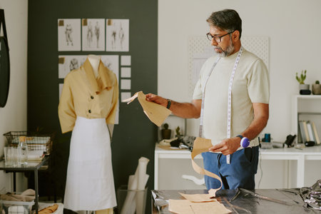 Mature Indian tailor holding two fabric stencils and looking at them in modern atelierの写真素材