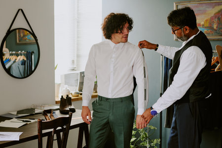 Professional tailor doing measurements while customer trying on fashionable suitの写真素材