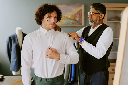 Indian professional tailor taking measurements while customer trying on business suitの写真素材