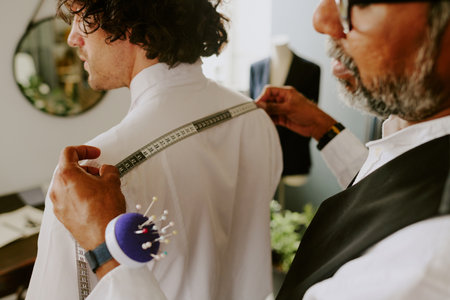 Unrecognizable customer standing still while tailor taking measurements in atelierの写真素材