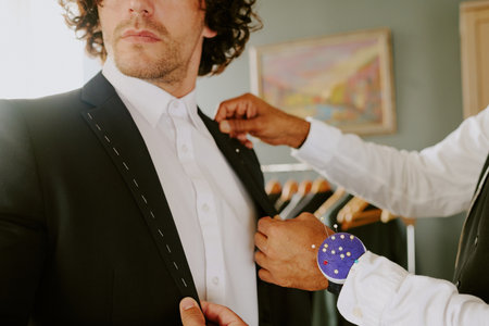 Unrecognizable male model dressed in black suit posing for tailor while he doing darts with pinsの写真素材