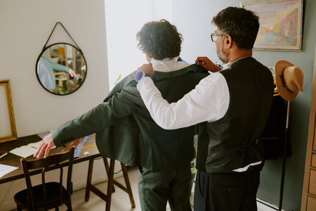 Mature tailor helping model to put on new unique jacket in atelierの写真素材