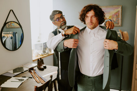 Brutal curly haired model trying on new suit while tailor assisting himの写真素材