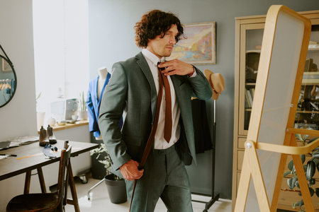 Curly haired male model dressed in gray suit and choosing tie in front of vertical mirrorの写真素材
