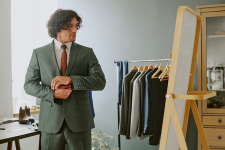 Curly haired male model adjusting sleeve in front of vertical mirror in atelierの写真素材