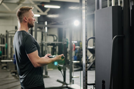 Professional bodybuilder doing barbell curl with weight machine