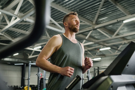 Low angle shot Caucasian man running on black treadmill in modern fitness club