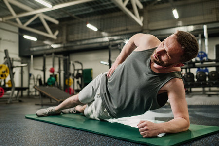 Professional sportsman doing perfect side plank on green mat