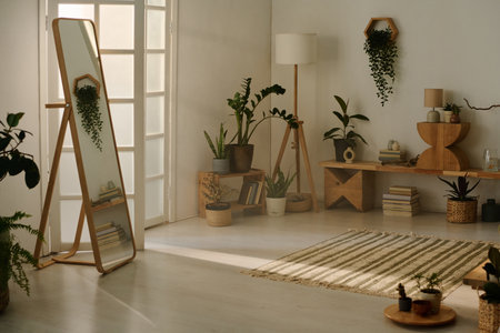 No people shot of part of wabi sabi room interior furnished with mirror, wooden shelves and decorated with houseplants in morning lightの写真素材