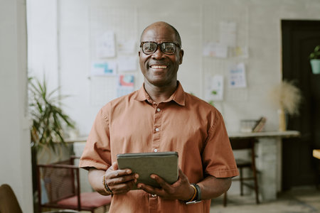 Portrait of smiling and confident African American businessman with tablet in handsの写真素材