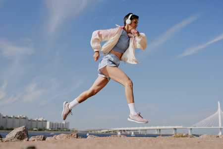 Low angle shot of senior female splinter running on coastの写真素材