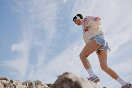Low angle shot of senior Caucasian woman enjoying jogging on stoned path