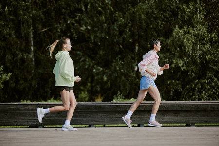 Mom and daughter jogging in verdant park togetherの写真素材