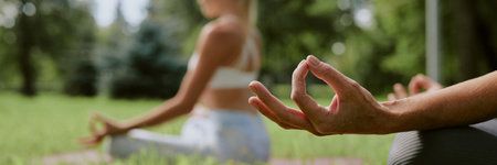 Website banner of senior female hand during meditation in park under open skyの写真素材