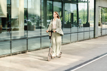 Wide shot of young Caucasian woman wearing stylish formal clothes riding e-scooter along business district, copy spaceの写真素材