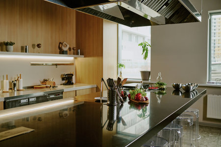 Amazing professional kitchen with modern furniture and kitchenwareの写真素材