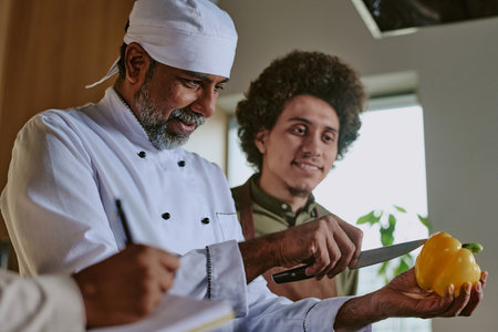 Low angle shot of Indian professional chef showing peeling skills to his internの写真素材