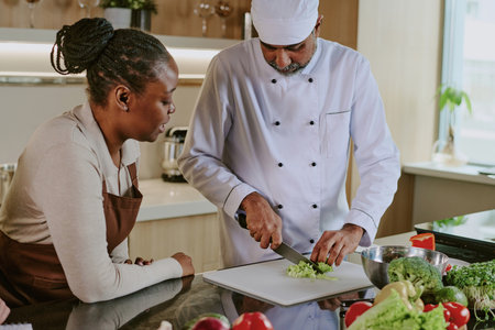 African American female intern watching professional Indian chef cutting vegetable in modern kitchenの写真素材