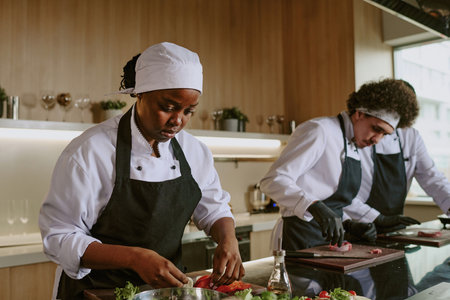 African American female cook stuffing salmon with lemon while her colleagues cutting meatの写真素材
