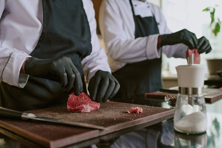 Medium close up of unrecognizable male hands in black latex gloves holding meat while adding condimentの写真素材
