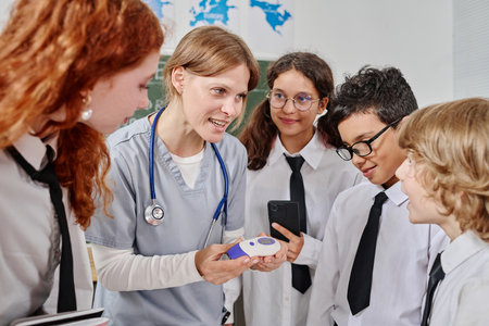 Female Caucasian doctor showing modern medical devices to students while telling about her job during career guidance classの写真素材