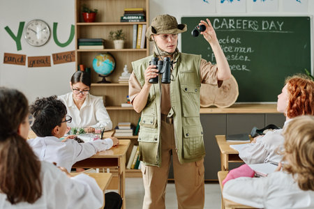 Medium long shot of female forester standing in classroom telling kids how to use binoculars during career guidance class at schoolの写真素材