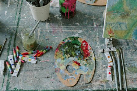 Top down shot of dirty wooden palette with acrylic paints, brushes and canvas on old table top