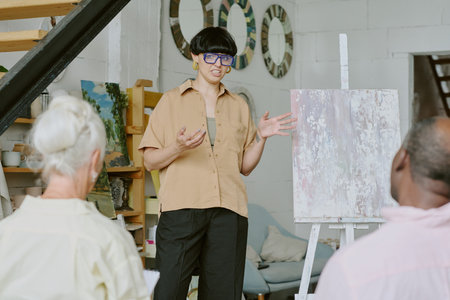 Back view of biracial senior people listening to explanation of drawing techniques by young female...