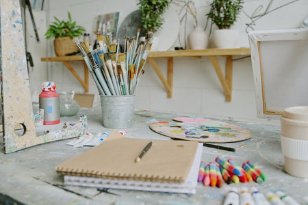 Medium close up of sketchbook, pastel chalks and different types of paints and brushes on old wooden tableの写真素材