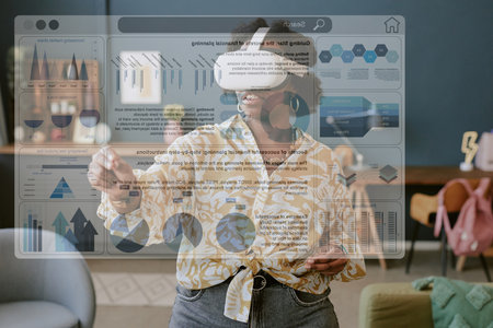 Woman engaging with virtual reality headset in cozy modern living room, with various furniture and...