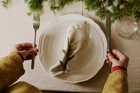 Top down of elegant female hands holding polished silver knife and fork while preparing table for Christmas partyの写真素材