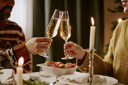Medium close up of happy wife and husband clinking their glasses with champagne while celebrating Christmas together in cozy apartmentの写真素材