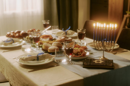 Served table with traditional treats, lit candles in dining roomの写真素材