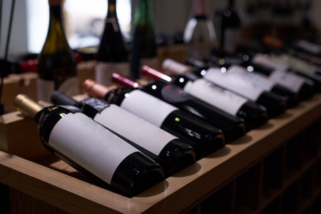 Medium close up of dimly lit bottles with aged red wine on wooden table during presentation