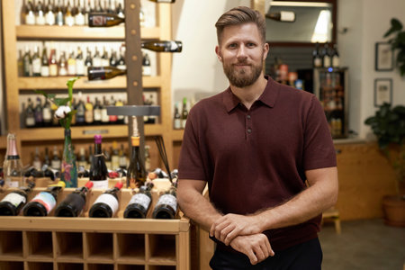 Medium close up portrait of relaxed and happy winery worker dressed in casual clothes leaning on wooden wine cabin with bottles of wineの写真素材