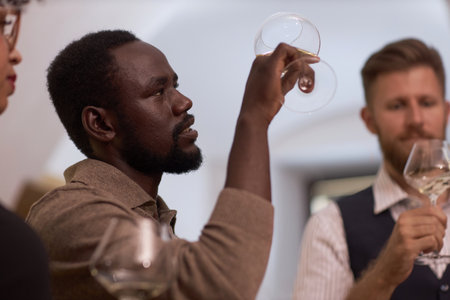 Low angle shot of African American highly skilled sommelier looking at polished crystal glass with white wine while estimating its colorの写真素材