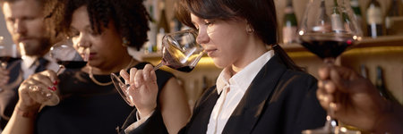 Website banner of biracial professional sommeliers estimating perfect scent of dry wineの写真素材