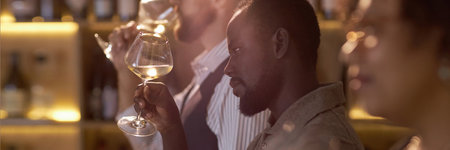 Website banner of African American sommelier estimating color of white wineの写真素材