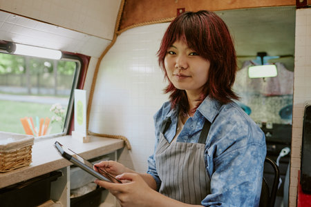 Portrait of young Asian female food truck worker with tablet in hands smiling and looking at cameraの写真素材