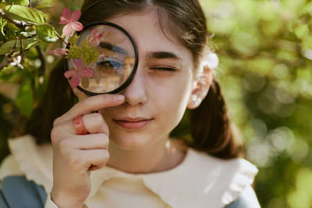 Closeup of curious teen girl holding magnifier posing for portrait in botanical gardenの写真素材