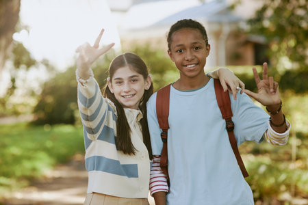 Cheerful ethnically diverse boy and girl wearing casual clothes posing for portrait while standing in local parkの写真素材