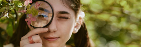 Closeup of curious teen girl holding magnifier posing for portrait in botanical garden, header for websiteの写真素材