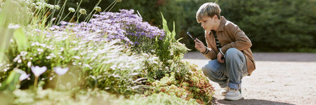 Caucasian teen boy holding magnifier looking closer at flowers while studying plants in local park, copy space, header for websiteの写真素材
