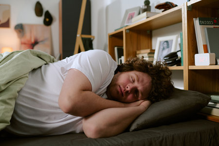 Man sleeping peacefully in cozy bedroom under warm lighting, with shelves and personal items around him creating a relaxed, comfortable atmosphereの写真素材
