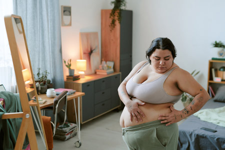 Woman in comfortable workout clothes adjusting attire and preparing for fitness session in cozy bedroom with soft lighting and neatly arranged furniture, exuding serene ambianceの写真素材