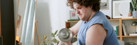 Young man lifting dumbbell indoors focusing on building strength and muscle. Background shows shelves with various items, plants, and natural decor elementsの写真素材