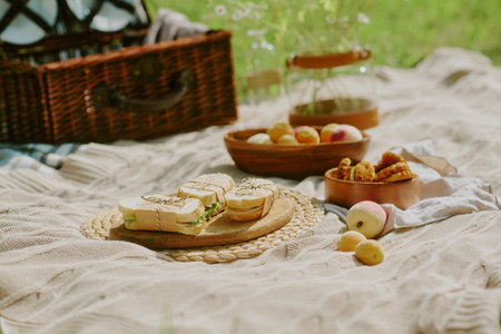 Picnic scene showing assortment of sandwiches, fresh peaches, breadsticks, and wooden picnic basket...